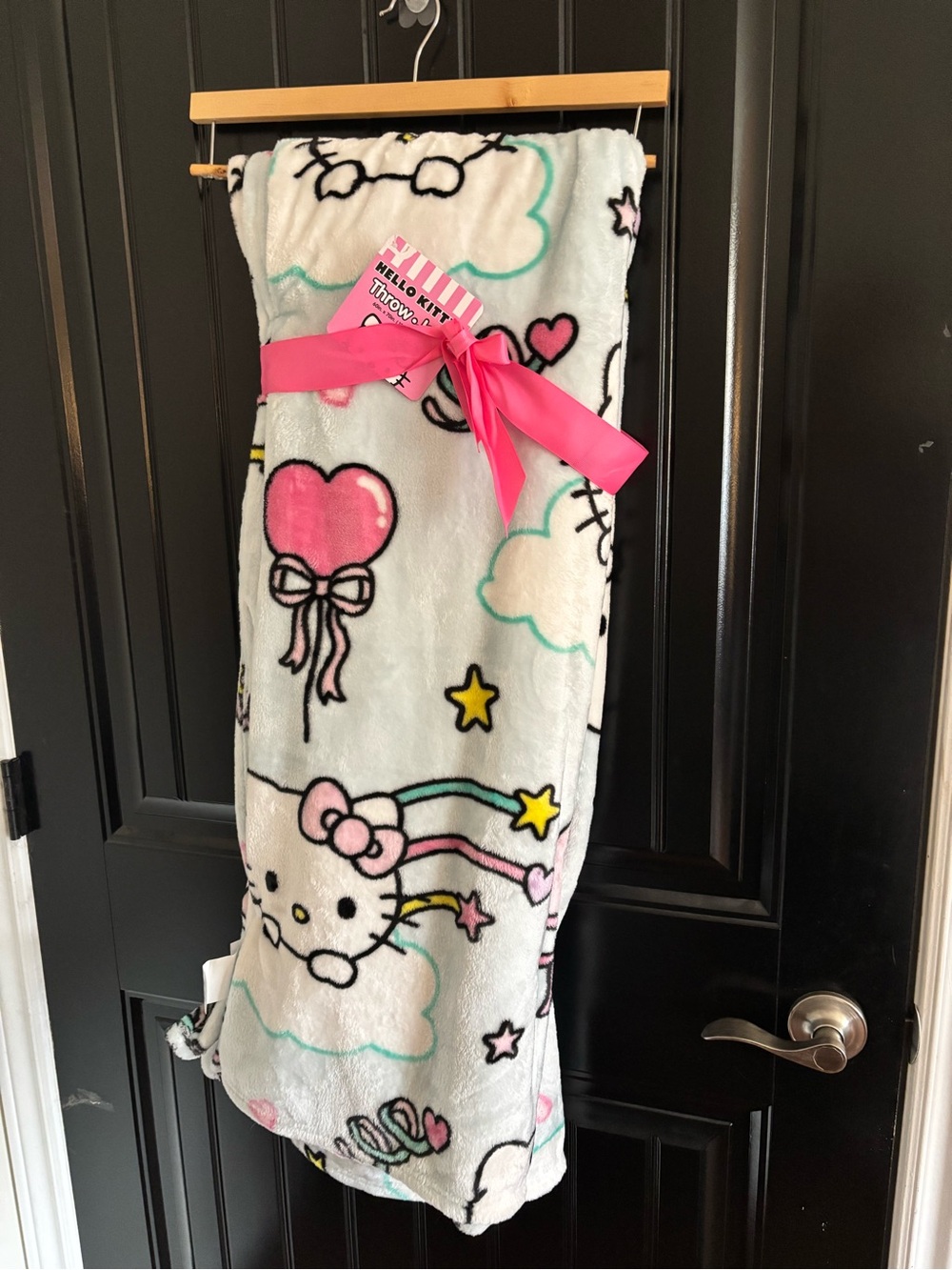 Hello Kitty Blue & White Plush Blanket with Rainbows